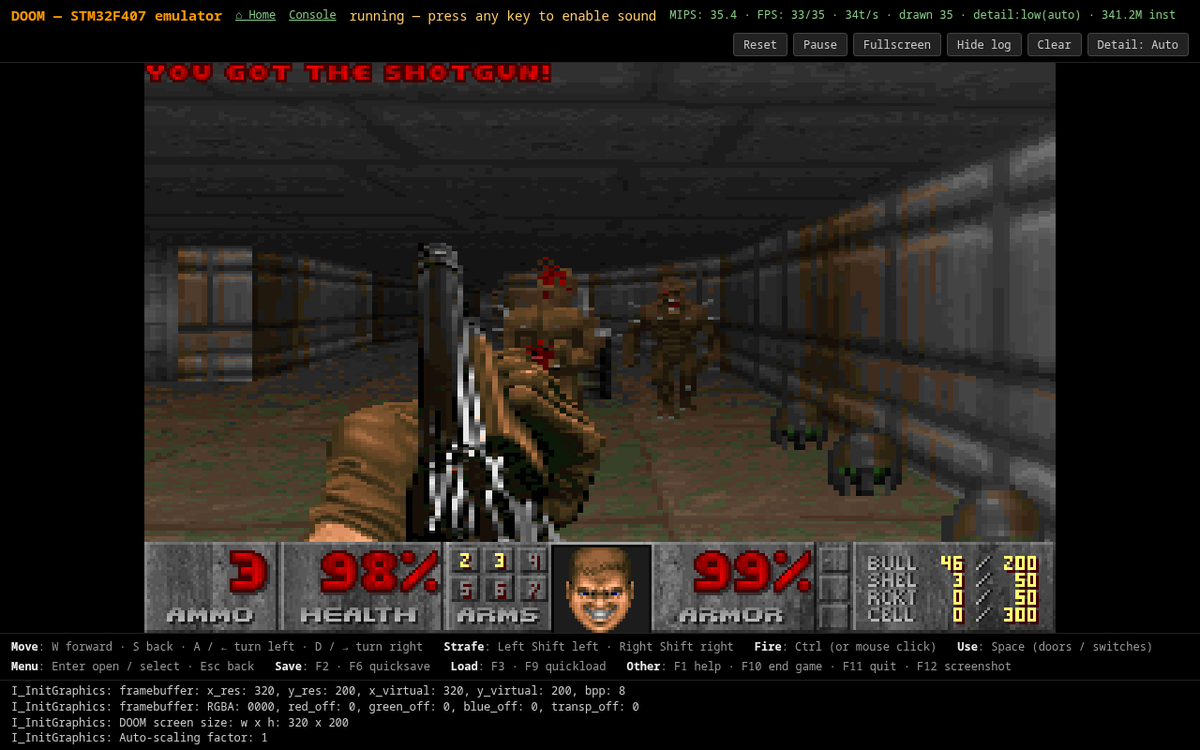DOOM 1 shareware running on the emulated STM32F407: shotgun in a corridor, YOU GOT THE SHOTGUN banner, status bar with ammo health armor