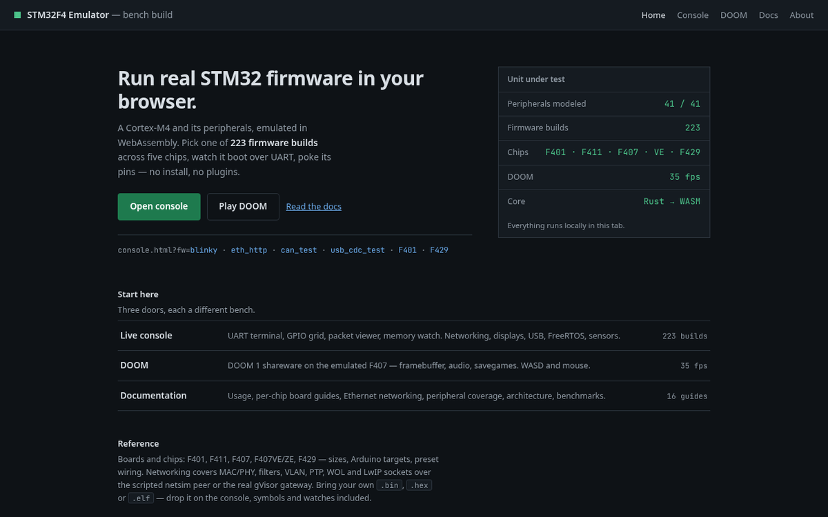 The emulator home page: headline, unit-under-test spec plate, and the list of destinations